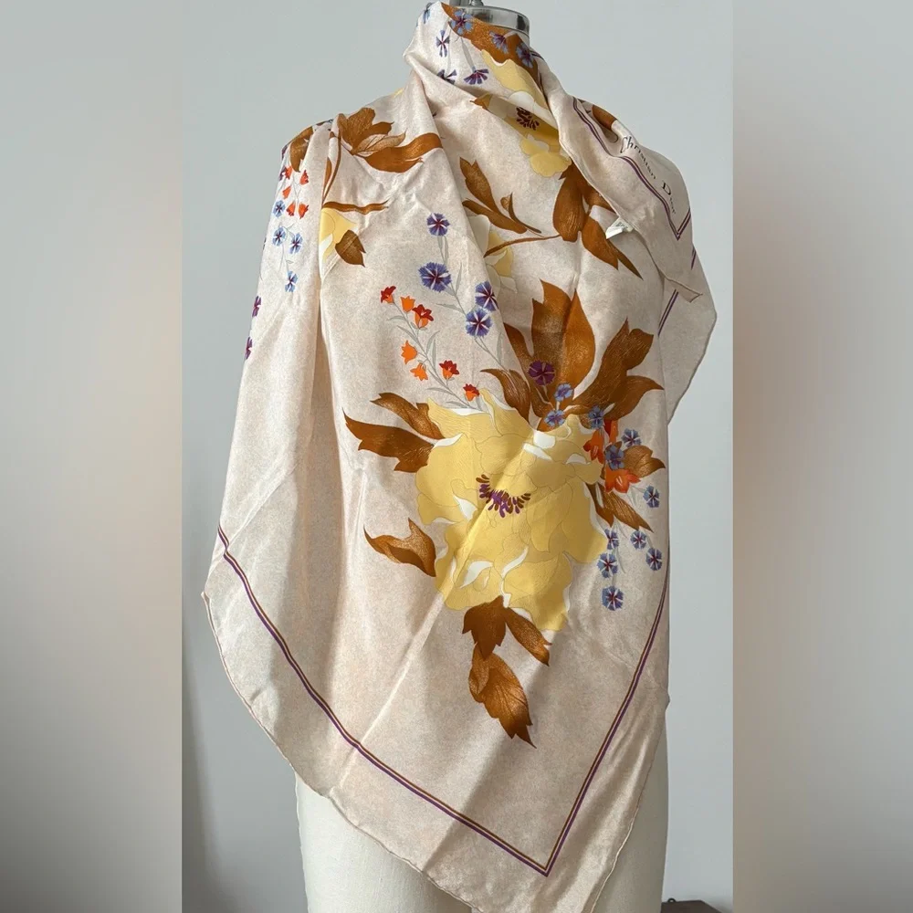 VNTG 60s/70s Christian Dior Silk Floral Scarf w Ecru Backround made in Italy